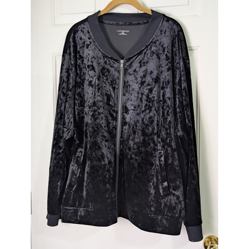 Catherines Velour Track Jacket Womens 3X 26/28 Black Rib Knit Full Zip Pockets
